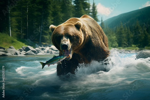 Brown bear catches fish in the river