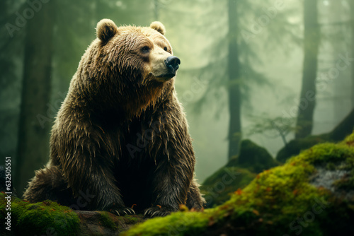 Brown bear in the misty morning forest. AI generated.