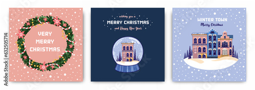 Christmas postcards collection. Cute greeting cards with a snow globe, winter town, and wreath. Xmas and New Year decor. Modern flat style. Vector.