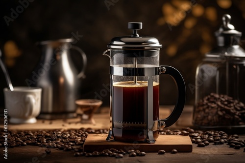 A French press with black tea or espresso coffee on a wooden table, Generative Ai photo