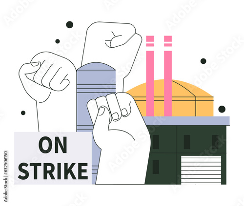 Protest. People on demonstration. Character's fists and poster with demands.