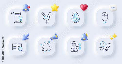 Search text, Third party and Artificial colors line icons. Buttons with 3d bell, chat speech, cursor. Pack of Dirty spot, Leaves, Scroll down icon. Approved agreement, Genders pictogram. Vector