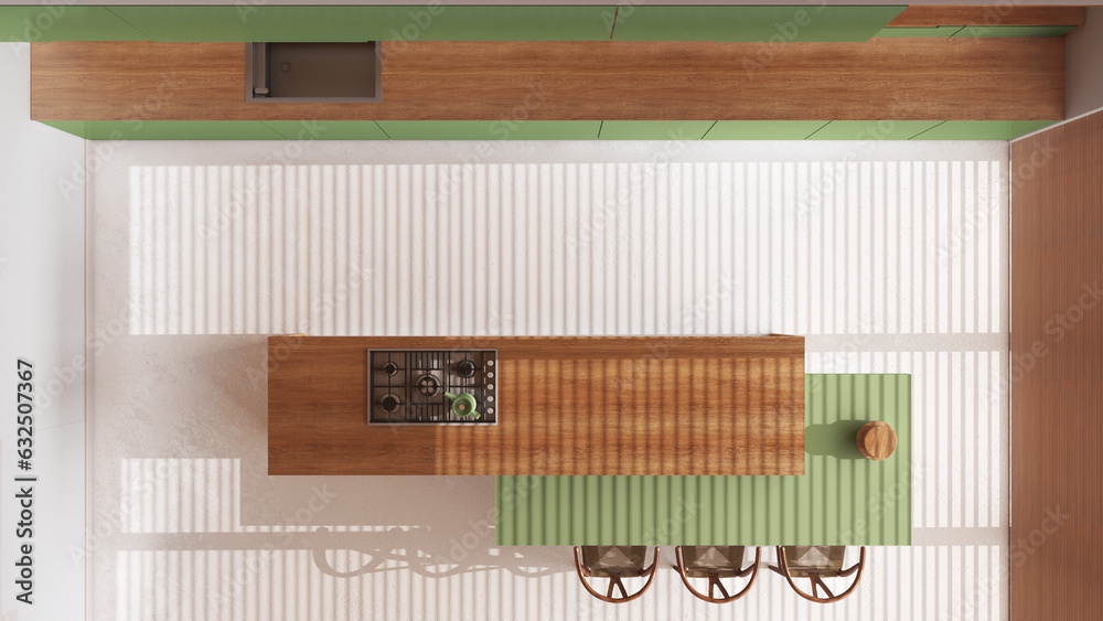 Minimal wooden kitchen with island in white and green tones with resin floor. Cabinets, dining table and decors. Top view, plan, above. Japandi interior design Minimal wooden kitchen with island in white and green tones with resin floor. Cabinets, dining table and decors. Top view, plan, above. Japandi interior design