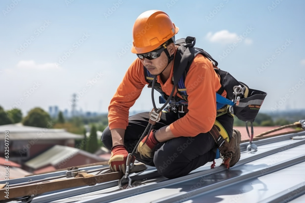 A worker fixing a rooftop and a male installing or fixing a solar panel or rooftop in the daytime. A worker fixing a rooftop and a male installing or fixing a solar panel or rooftop in the daytime.