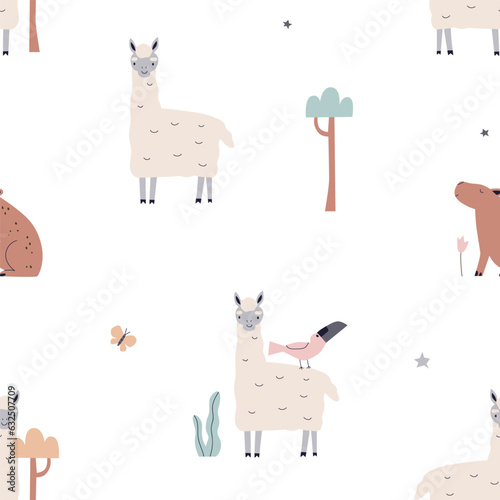 Cute Scandinavian pattern. Seamless background, childish print, baby animals....