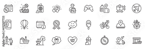 Icons pack as Gamepad, Marketplace and Delivery line icons for app include Pin, Delivery discount, Weather phone outline thin icon web set. Gift dream, Discount medal, Sleep pictogram. Vector