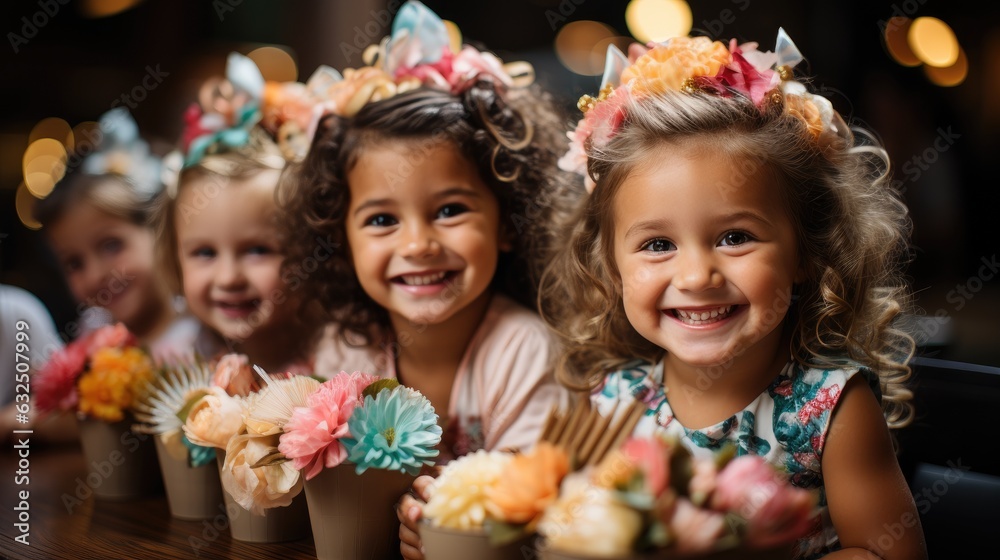 Children of various ages wearing party hats and big smiles on their faces. Generative AI Children of various ages wearing party hats and big smiles on their faces. Generative AI