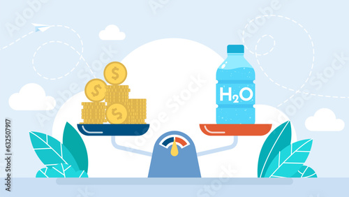 Money and a bottle are on the scales. The cost of clean drinking water is increasing. Pay cost water supply, price and tariff volume of water. Vector illustration
