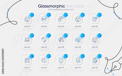 Set of Difficult stress, No smoking and Stress line icons for web app. Washing hands, Medical staff, Cobalt mineral icons. Bromine mineral, Problem skin, Umbrella signs. Mint bag, Cough. Vector