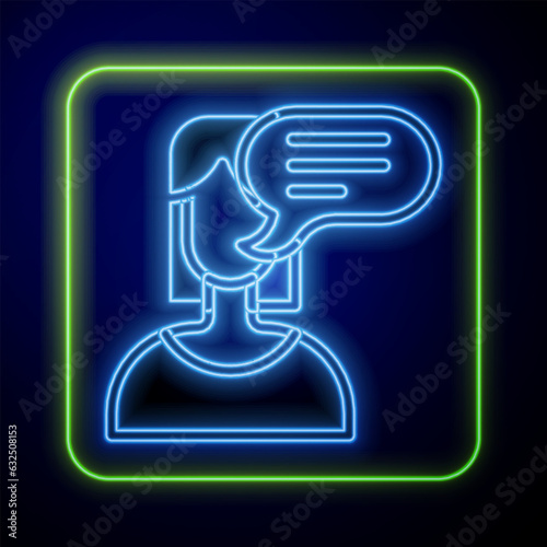 Glowing neon Female opinion icon isolated on blue background. Vector