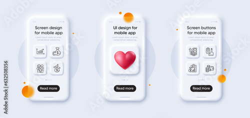 Difficult stress, Chart and Money bag line icons pack. 3d phone mockups with heart. Glass smartphone screen. Report, Wallet, Inflation web icon. Cashback, Pos terminal pictogram. Vector