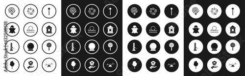 Set Magic wand, Roller coaster, Ghost, Classic dart board arrow, Ticket box office, Target sport for shooting competition, Lollipop and High striker attraction with big hammer icon. Vector