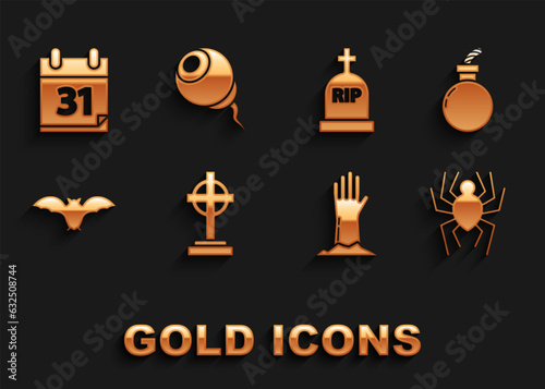 Set Tombstone with cross, Bomb ready explode, Spider, Zombie hand, Flying bat, RIP, Calendar Halloween date 31 october and Eye icon. Vector