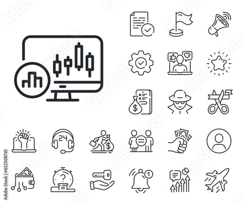 Analytics graph sign. Salaryman, gender equality and alert bell outline icons. Candlestick chart line icon. Market analytics symbol. Candlestick chart line sign. Vector