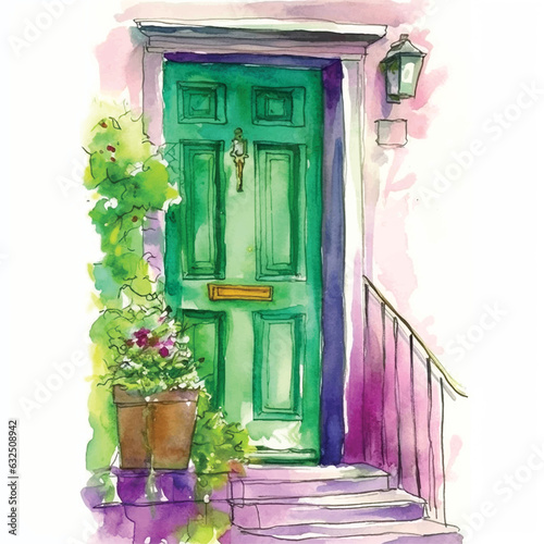 House door with vase of flowers watercolor paint