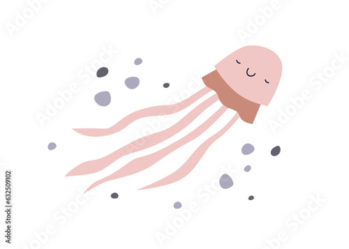 Cute jellyfish in Scandinavian style. Happy funny sea marine animal, medusa swimming among water bubbles. Smiling jelly fish. Kids Scandi flat vector illustration isolated on white background