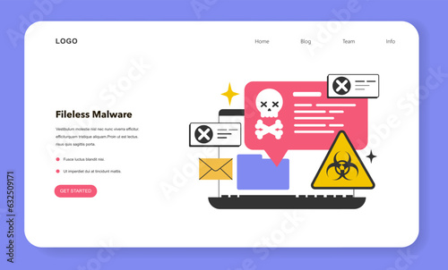 Fileless malware web banner or landing page. Virus, hacking software