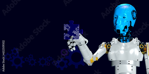 Fototapeta Naklejka Na Ścianę i Meble -  3D robotic render touching AI jigsaw the alternative solutions , business concept