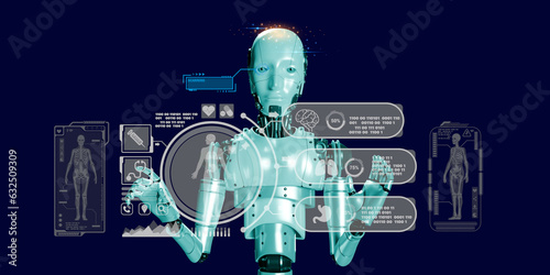 3D robotic render with element digital medical icon . AI working with doctor design treatment guideline, health concept