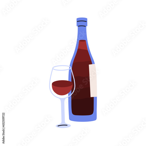 Red wine in bottle and glass. Alcohol drink in wineglass, goblet. Alcoholic beverage in bocal, transparent glassware. Flat vector illustration isolated on white background