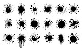 Ink blots. Black ink paint splatter, drops and splashes. Inking spray stains, dripping liquid. Muddy inkblot flecks silhouettes isolated. Vector set