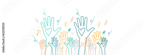 Raised hands. Volunteering, teamwork concert.