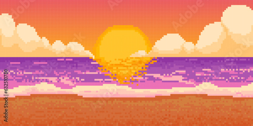 Pixel sunset beach. Game retro sea landscape. 8-bit background sunrise ocean scene, Hawaii cloudy sky with sun, night nature panorama seascape. Vector illustration