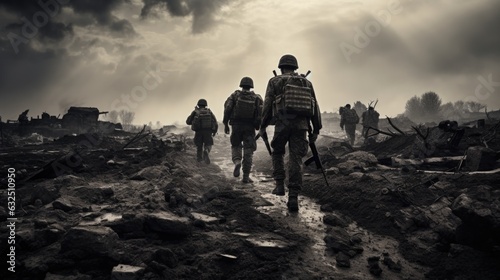 Against a backdrop of destruction caused by bombings, a group of soldiers is positioned in a warzone