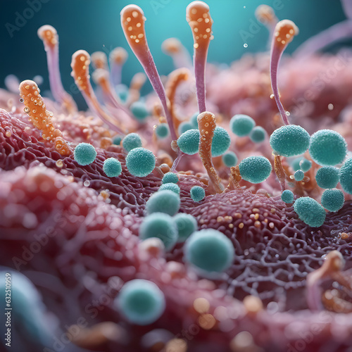 bacteria close-up macro photography. Virus cells or bacteria under a microscope. Germ germ microorganism close up. Macroworld.3D rendering. Digital generation 3D illustration. generative AI photo