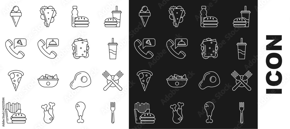 Set line Fork, Crossed fork, Paper glass with drinking straw and water, Bottle of burger, Food ordering, pizza, Ice cream waffle cone and Sandwich icon. Vector