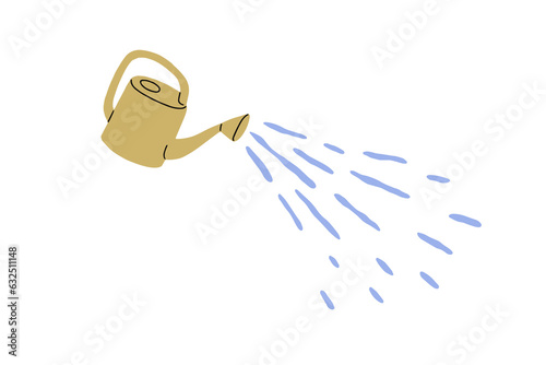 Watering can, pot sprinkling, pouring, spraying drops. Gardening sprinkler, shower for growing plants. Agriculture, horticulture tool. Flat vector illustration isolated on white background
