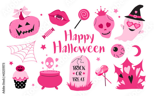 Happy Halloween. Pink fashion set, pink doll icons in Barbiecore style. Vector illustration