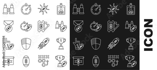 Set line Award cup and American football ball, Binoculars american, Football, stopwatch, with medal, and ticket icon. Vector