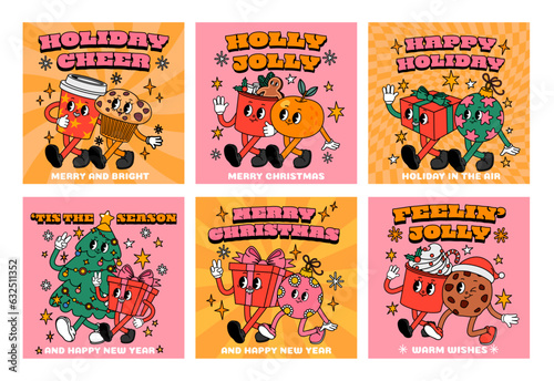 Groovy Christmas card. Retro comic hippy mascot character on holiday invitation. Trendy cartoon flyer with drink and sweets. 70s funky template with gift and tree. Vector set