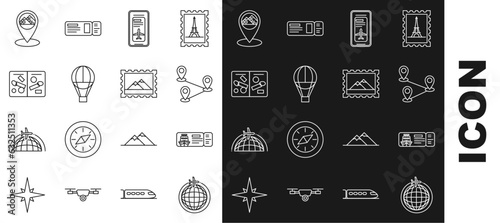Set line Globe with flying plane, Route location, Smartphone electronic boarding pass airline, Hot balloon, Passport pages visa stamps, Map pointer Egypt pyramids and Postal and Mountains icon. Vector