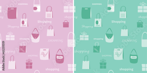 bags and packages on light violet and green backgrounds - vector seamless patterns for shopping