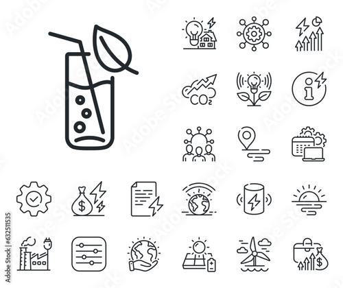Soda aqua drink sign. Energy, Co2 exhaust and solar panel outline icons. Water glass line icon. Drop symbol. Water glass line sign. Eco electric or wind power icon. Green planet. Vector