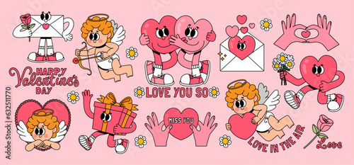 Retro Valentines day sticker. Cartoon groovy romantic elements, holiday hippy characters. Vintage comic cute cupid with love arrow, running heart with flower, vector set photo