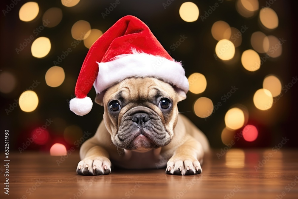 French Bull Dog wearing a Christmas Hat with many lights on the background. Generative AI French Bull Dog wearing a Christmas Hat with many lights on the background. Generative AI