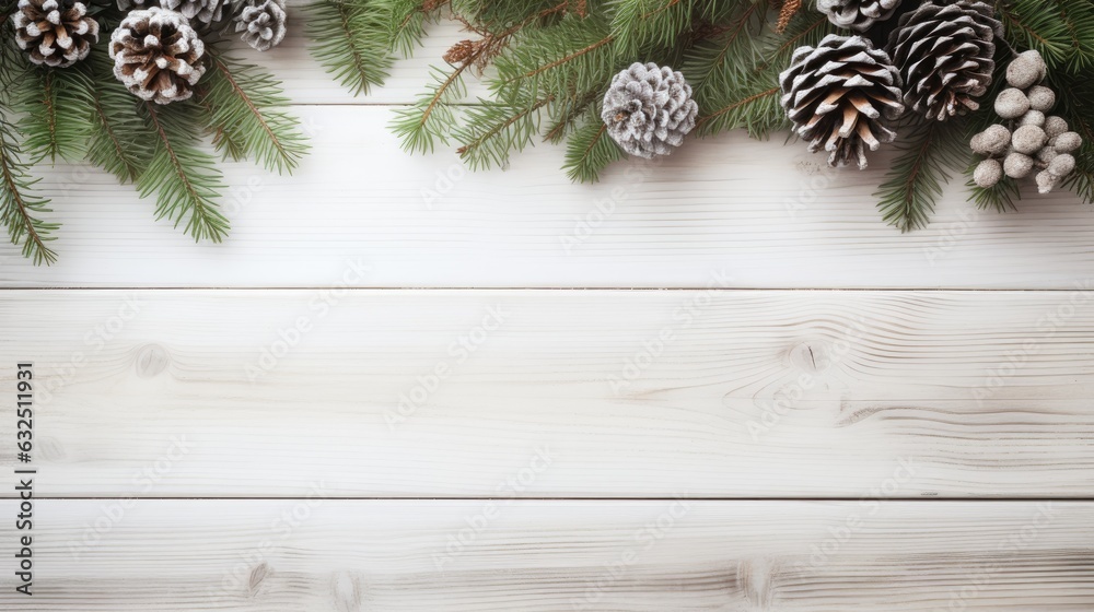 Christmas card with natural decorartion on wooden background. Pine cones, red berries and pine tree branches. Generative AI Christmas card with natural decorartion on wooden background. Pine cones, red berries and pine tree branches. Generative AI
