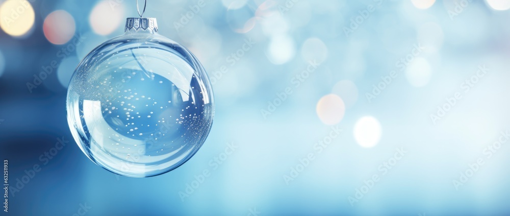 Transparent Christmas ball on a blue background with lights. Generative AI Transparent Christmas ball on a blue background with lights. Generative AI