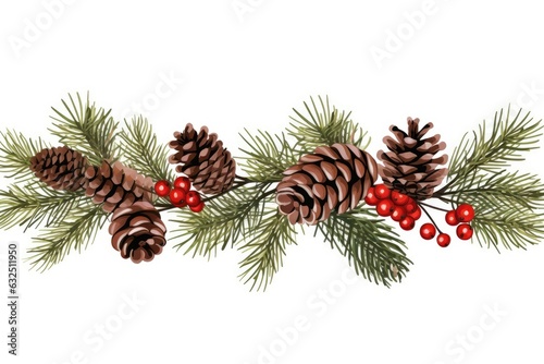 Christmas branch with red berries and pine cones on a white background. Natural decoration. Generative AI