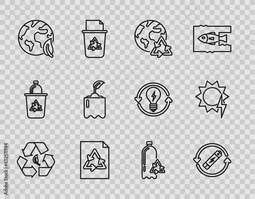 Set line Recycle symbol and leaf, Battery with recycle line, Planet earth recycling, Paper, Earth globe, Sprout bottle, Recycling plastic and Solar energy panel icon. Vector