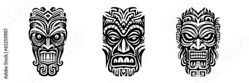 Tiki idols. Tribal polynesian mask, hawaiian wooden totem. Aztec style retro tattoo, African voodoo scary god design. Tribal-tiki exotic face. Vector set photo