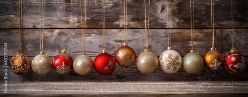 Christmas balls hunging on a wooden background. Generative AI photo