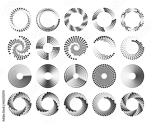 Circle dotted speed lines. Circles with dat pattern, circular spiral halftone. Concentric speed motion shape for logo, radial dynamic swirl vector set