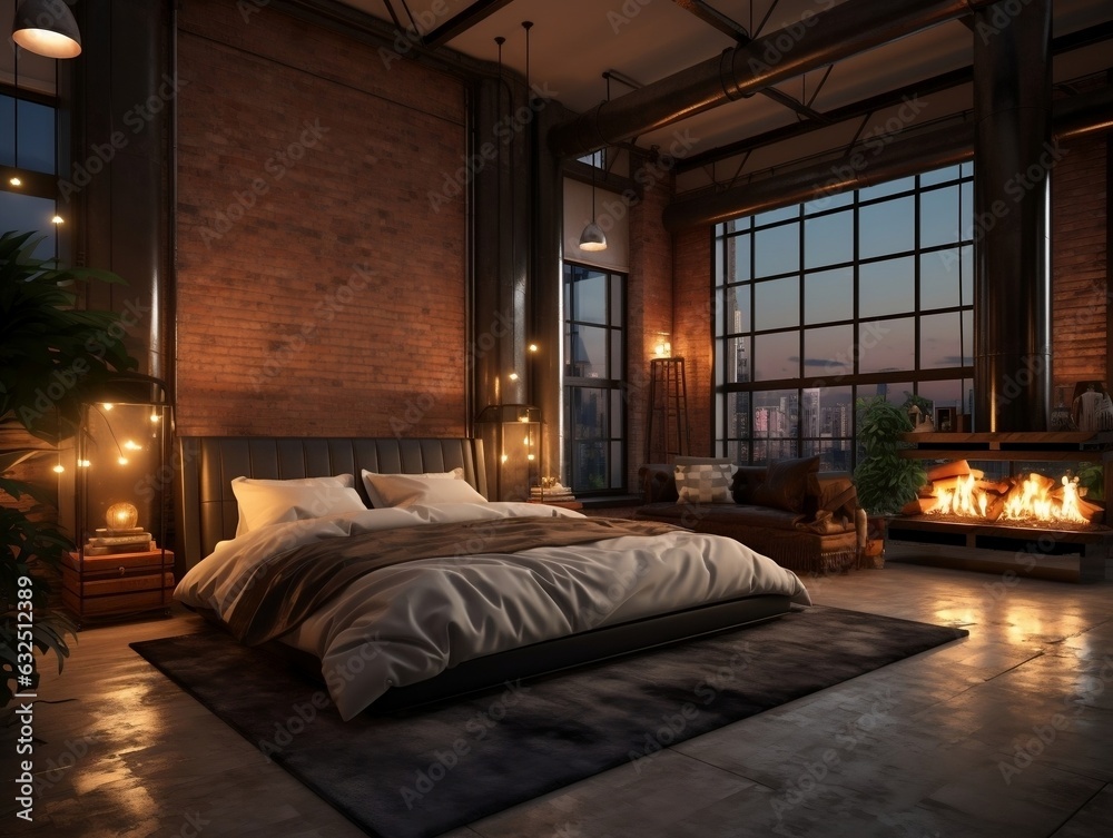 Interior of luxury bedroom inside a luxury industrial home generative ai