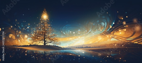 Abstract Christmas card with a illuminated tree on a dark background. Generative AI