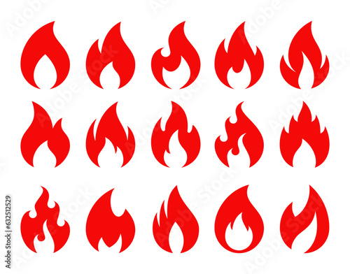 Fire icons. Hot burning flame, campfire and energy red symbols. Awesome, exciting or cool fire emoji, blaze bonfire. Fireball logo isolated vector set