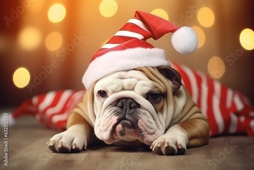 French Bull Dog wearing a Christmas Hat with many  lights on the background. Generative AI © Gelpi